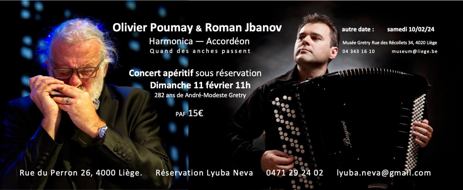 Affiche. Liège. Concert-apéritif Quand les anches passent. Olivier Poumay et Roman Jbanov. 282 ans de André-Modeste Gretry. 2024-02-10